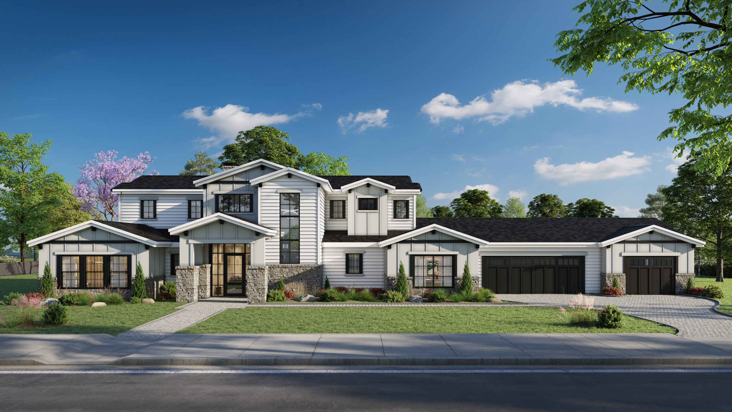 BrentWood Modern single-story home with mixed-material facade and landscaped front yard.