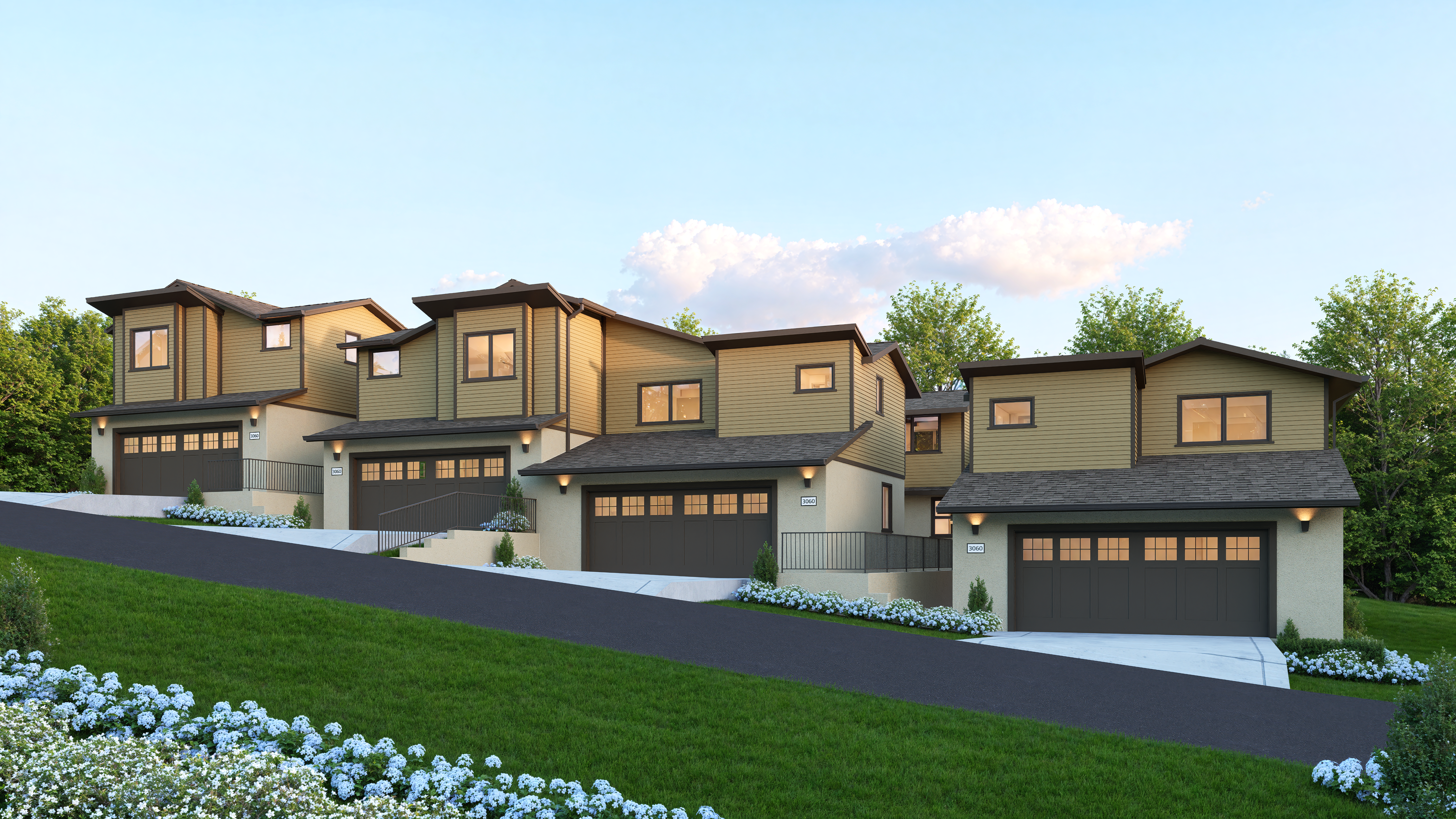 Modern two-story house with a mix of wood and stone facades, large windows, and landscaped garden during daytime.