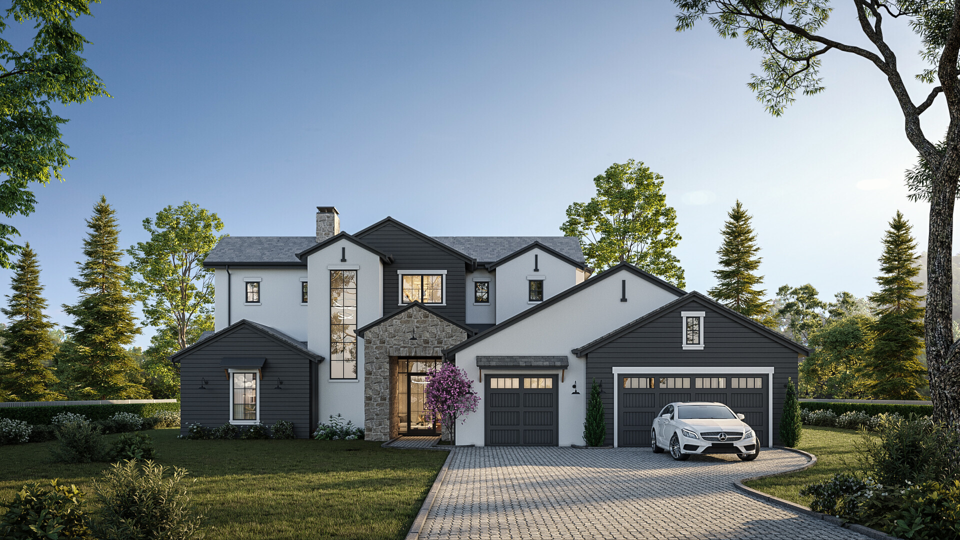 Modern two-story house with a mix of wood and stone facades, large windows, and landscaped garden during daytime.